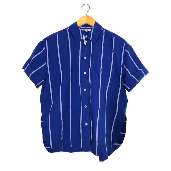 Madewell Signature Poplin Top Striped Oversized Boxy Button Up  Pure Blue NWT S - Picture 6 of 11